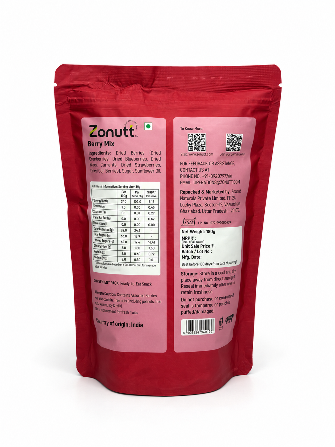 Zonutt Signature Berry Mix (180g) | 8-in-1 Wholesome Dried Berries & Fruits Blend