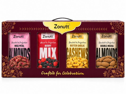 Zonutt Royale Edition Luxury Festive Gift Hamper (720g) | 4 x 180g Gourmet Dry Fruits & Berries Combo | Premium Diwali Box with Handle