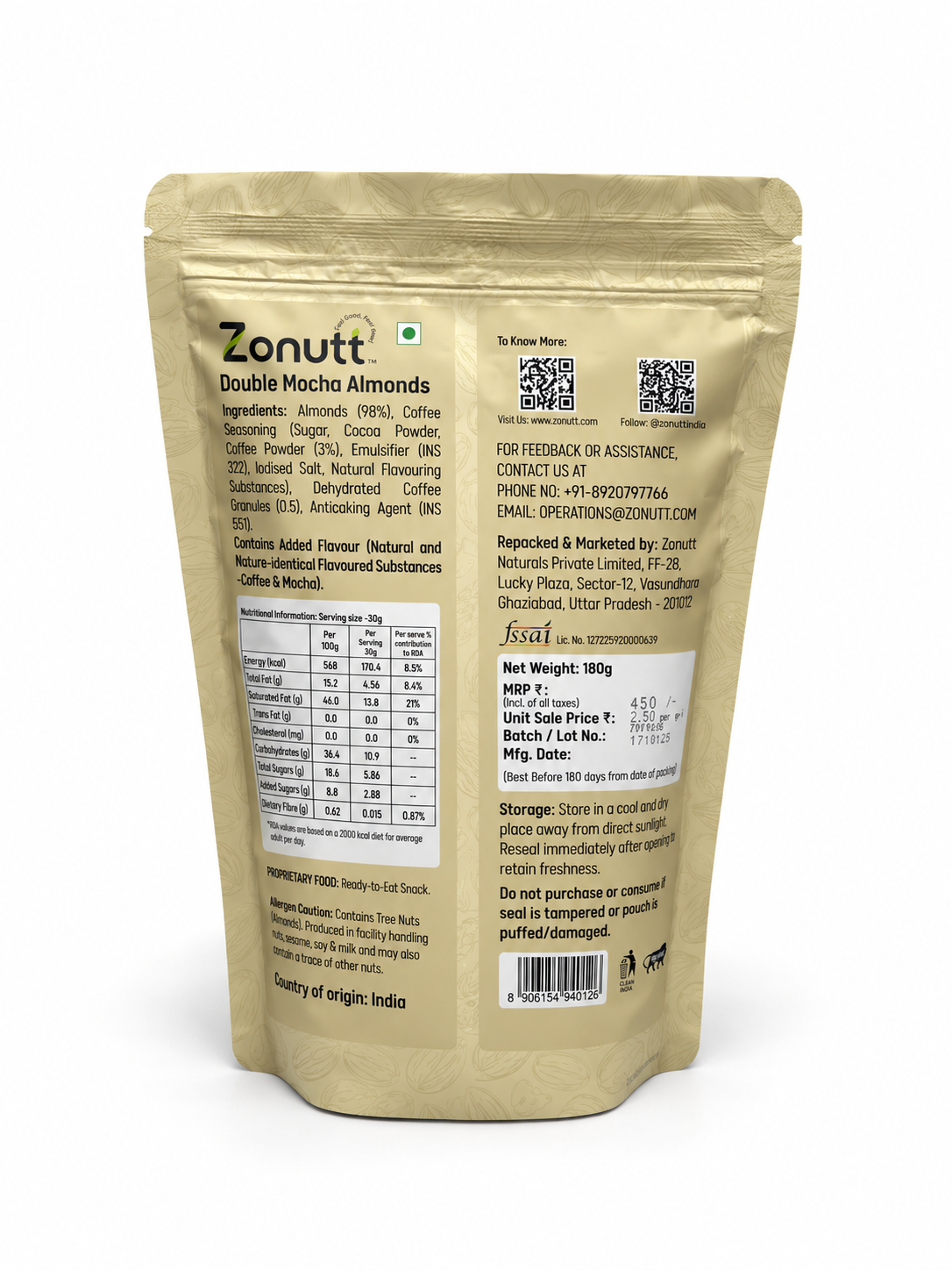 Zonutt Double Mocha Roasted Almonds (180g) | Crunchy California Badam Coated with Rich Cocoa & Coffee